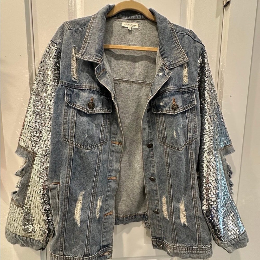 Distressed Silver Sequin Oversized Jean Jacket